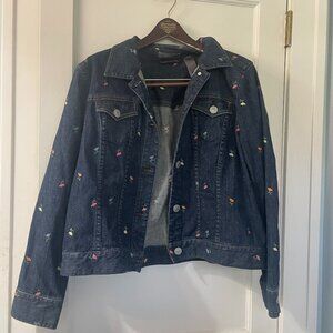 Liz Claiborne Womens Sz XL Floral Embroidered Dark Blue Denim Jacket RARE
